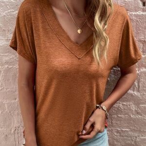 New Burnt Orange Cozy V neck Dolman Sleeve Loose Fit Top